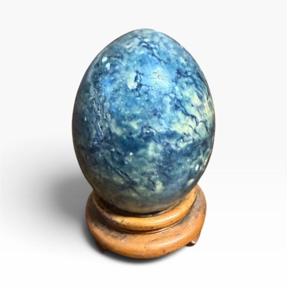 Vintage Blue Marbled Alabaster Egg Paperweight Figurine NO STAND